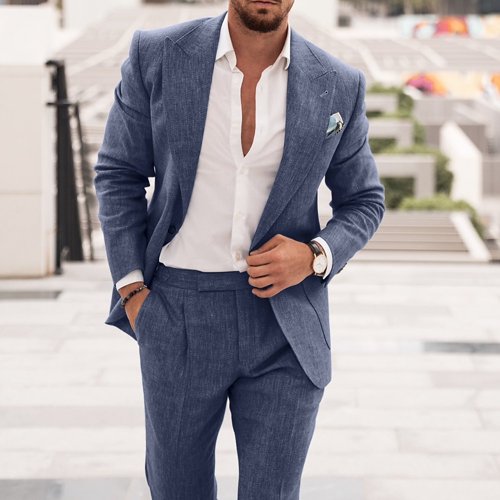 Men's Beach Wedding Summer Solid Colored Tailored Fit Single Breasted One-button 2024 Champagne Linen Suits