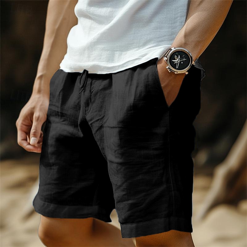 Men's Shorts Linen Shorts Summer Shorts Pocket Drawstring Elastic Waist Plain Comfort Breathable Short Casual Daily Holiday Fashion Classic Style Black White