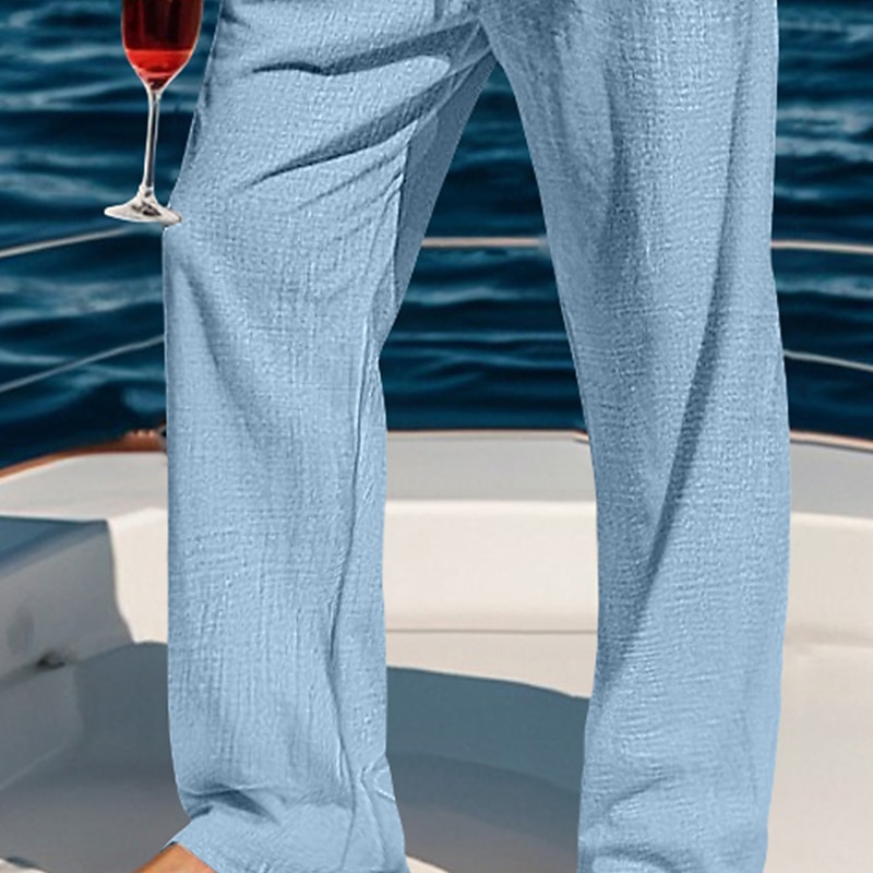 Men's Trousers Summer Pants Beach Pants Drawstring Elastic Waist Straight Leg Plain Comfort Breathable Full Length Casual Daily Holiday Vacation Fashion Blue Black Inelastic