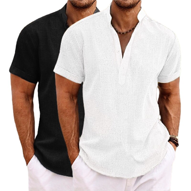 2-Pack Men's Shirt Linen Shirt Popover Shirt Summer Shirt Beach Wear Band Collar Shirt Plain Vacation Casual Green+Gray White+Yellow White+Green White+Navy Blue Short Sleeve Henley Summer Clothing Apparel