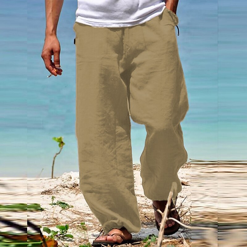 Men's Summer Beach Elastic Waist Wide Leg Straight Leg Plain Breathable Soft Casual Daily Beach Linen / Cotton Blend Fashion Streetwear Loose Fit Linen Pants