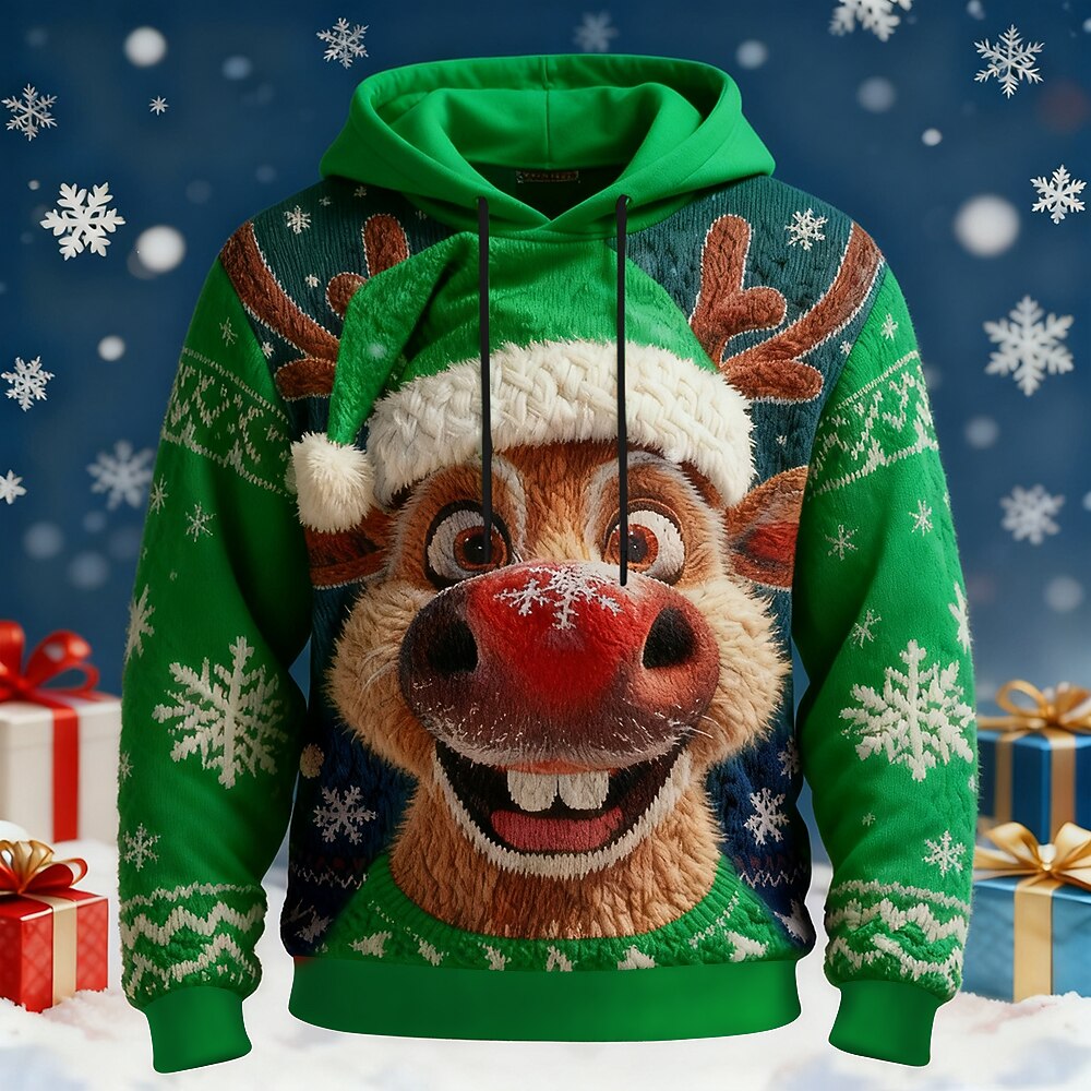 Christmas Men's Elk Hoodie Sweatshirt Fashion Daily Casual Long Sleeve Crew Neck Hooded Home Party Gift Blue Red Purple Green Drawstring Fall Winter Designer S M L XL XXL XXXL