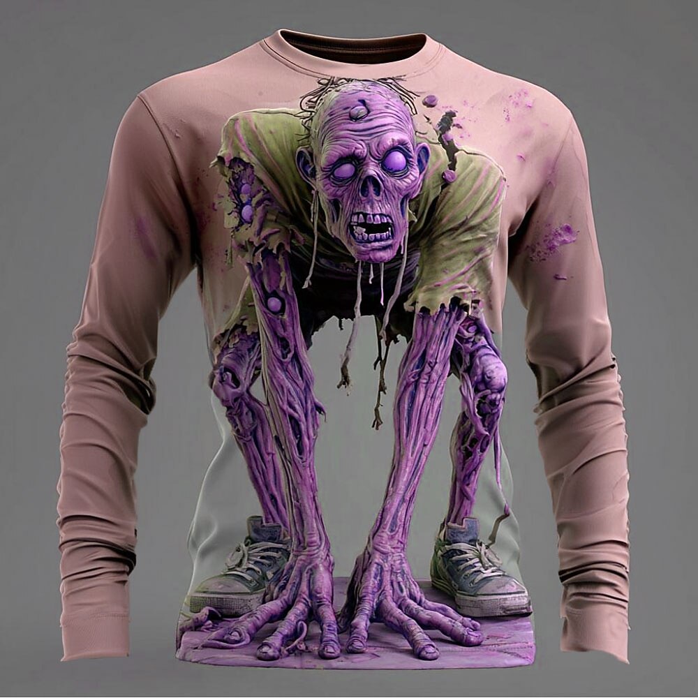 Halloween Men's Zombies 3D T Shirt Long Sleeve T shirt 3D Print Crew Neck Shirt Fashion Exaggerated Street Casual Daily Pink Blue Purple Summer Spring Fall Clothing Apparel S M L XL XXL XXXL 4XL