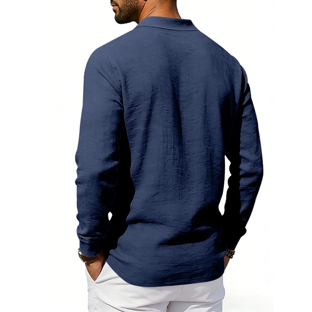 Men's Linen Shirt Polo Shirts Casual Street Lapel Long Sleeve Basic Modern Plain Buttons Spring Fall Regular Fit Black White Navy Blue Khaki Dark Grey Army Green Linen Shirt