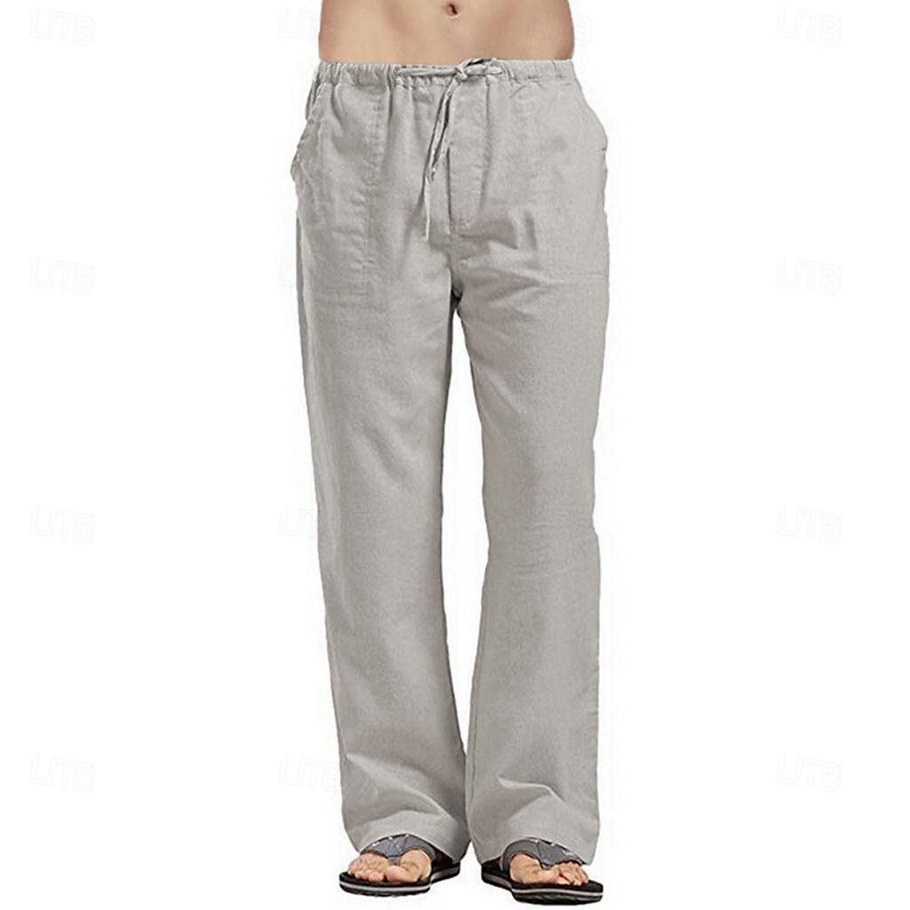 Men's Linen Pants Trousers Summer Pants Beach Pants Pocket Drawstring Elastic Waistband Plain Comfort Breathable Full Length Daily Streetwear Fashion Casual / Sporty Loose Fit Dark Khaki Black