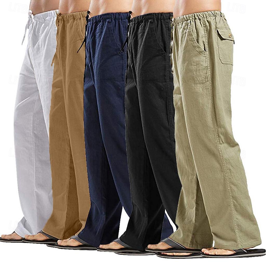 Men's Linen Pants Trousers Summer Pants Beach Pants Pocket Drawstring Elastic Waistband Plain Comfort Breathable Full Length Daily Streetwear Fashion Casual / Sporty Loose Fit Dark Khaki Black