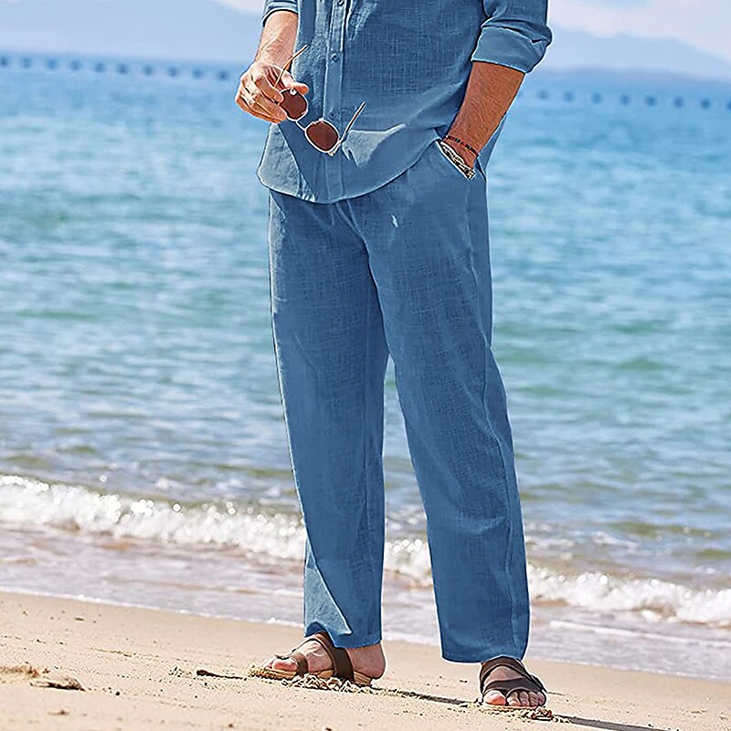 Men's Summer Beach Drawstring Elastic Waist Plain Comfort Breathable Outdoor Daily Going out Blend Fashion Streetwear Linen Pants