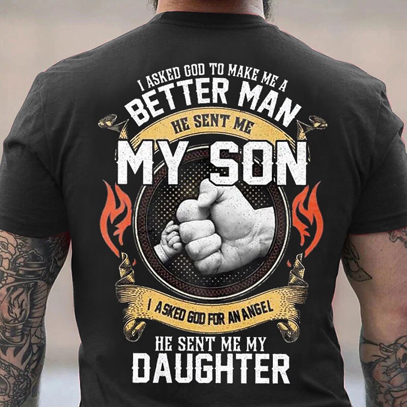 Father's Day papa shirts Mens Graphic Shirt Tee Letter Hand Crew Neck Clothing Apparel 3D Print Outdoor Daily Short Sleeve Fashion Designer Vintage Asked God To Make Better Man Sent My Son Daughter
