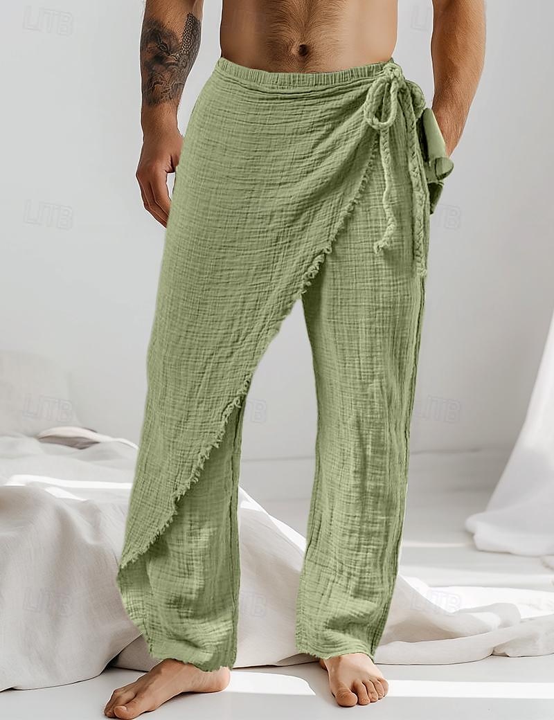 Men's Linen Pants Trousers Summer Pants Drawstring Elastic Waist Straight Leg Plain Comfort Breathable Full Length Casual Daily Holiday Fashion Classic Style White Brown