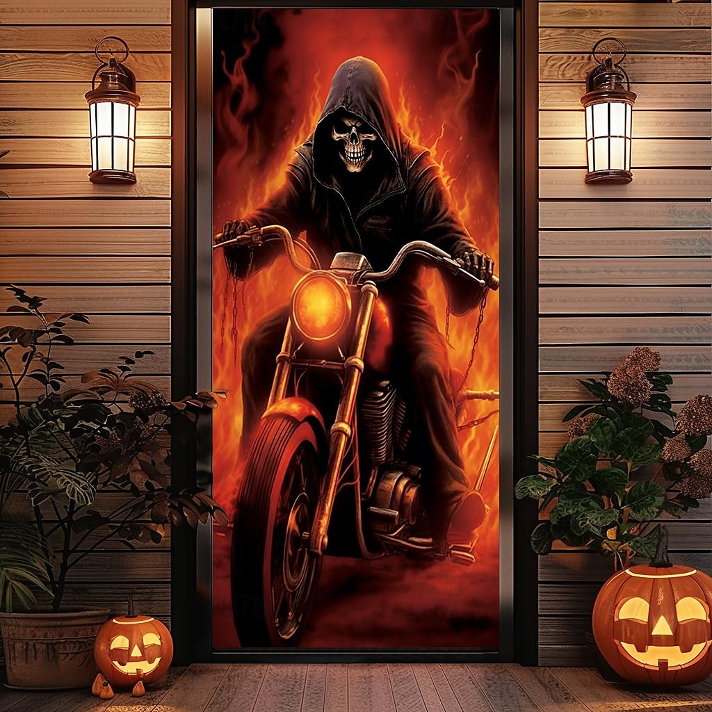 Halloween Window Cover Decorations, Fabric Skull Out of Fire Halloween Curtain Poster Window Door Covering Decor for Haunted House, Scary Halloween Window Clings Decals Indoor Outdoor
