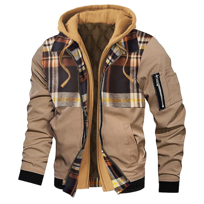 Men's Bomber Jacket Hoodie Jacket Outdoor Daily Wear Warm Fall Winter Plaid Plain Fashion Streetwear Hooded Regular Black Gold Black Wine Dark Red Red Jacket