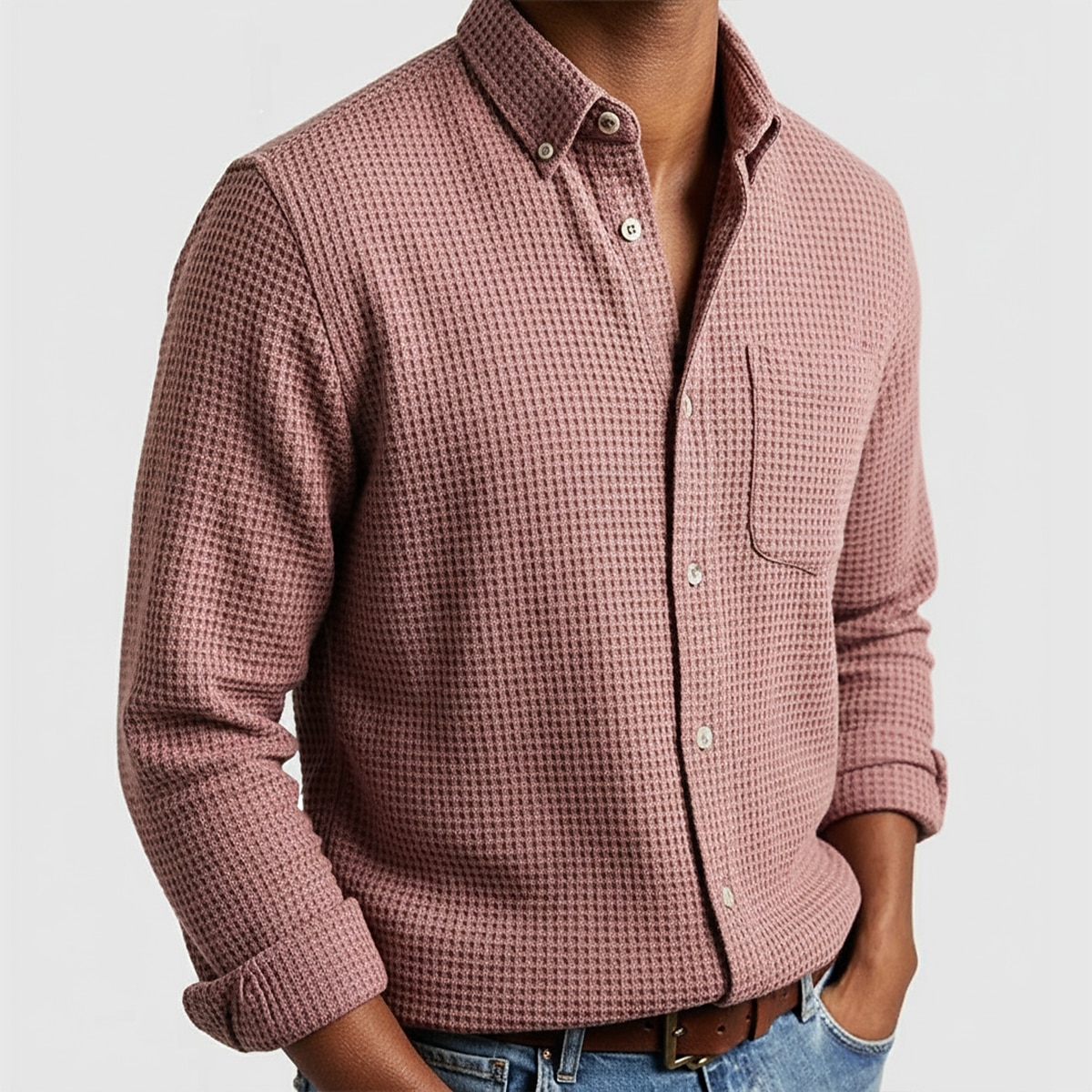 Men's Shirt Waffle Shirt Casual Shirt Band Collar Shirt Button Up Shirt Pink Wine Navy Blue Blue Long Sleeve Plain Textured Mandarin Collar Casual Daily Front Pocket Clothing Apparel Fashion Modern