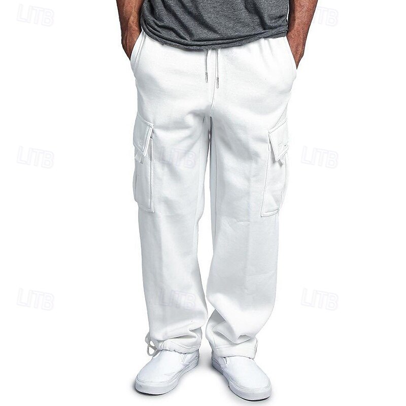 Men's Fleece Pants Sweatpants Joggers Trousers Cargo Sweatpants Drawstring Elastic Waist Multi Pocket Solid Color Windproof Outdoor Full Length Casual Daily Fashion Streetwear Loose Fit Black White