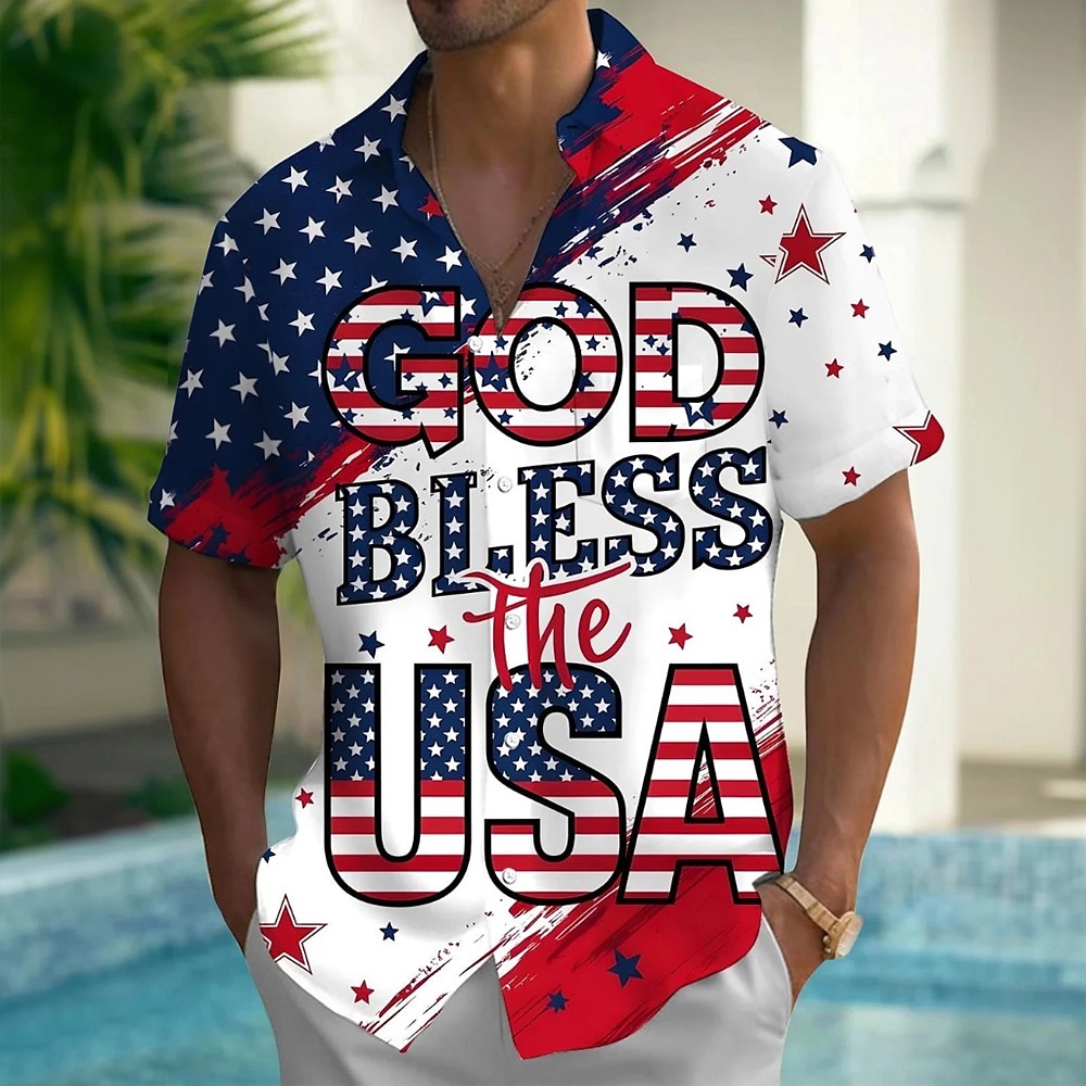 American Independence Day Men's American Flag National Flag Button Up Shirt Short Sleeve Hawaiian Casual Resort Outdoor Casual Holiday Summer Spring Turndown Print White Red