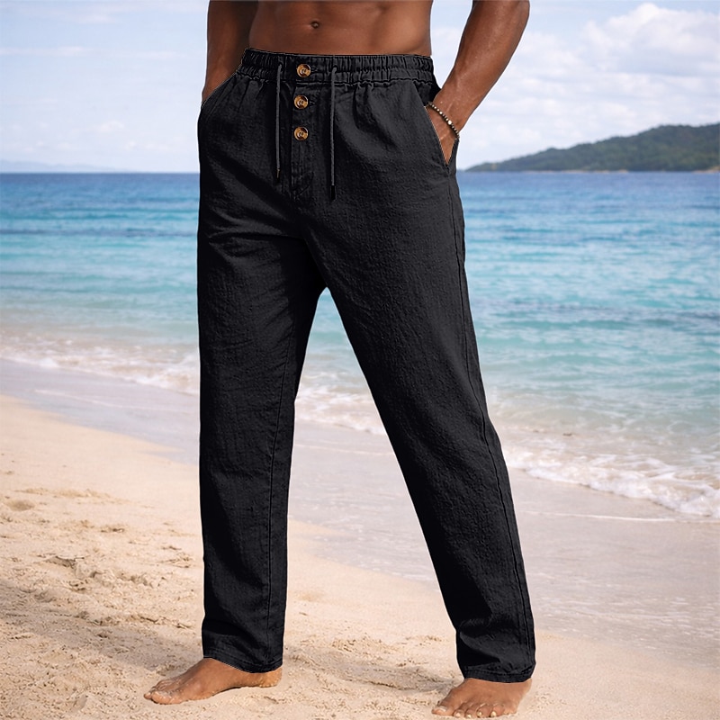 Men's Linen Pants Trousers Summer Pants Beach Pants Drawstring Elastic Waist Straight Leg Plain Lightweight Breathable Full Length Casual Daily Beach Vacation Fashion Blue Black Micro-elastic