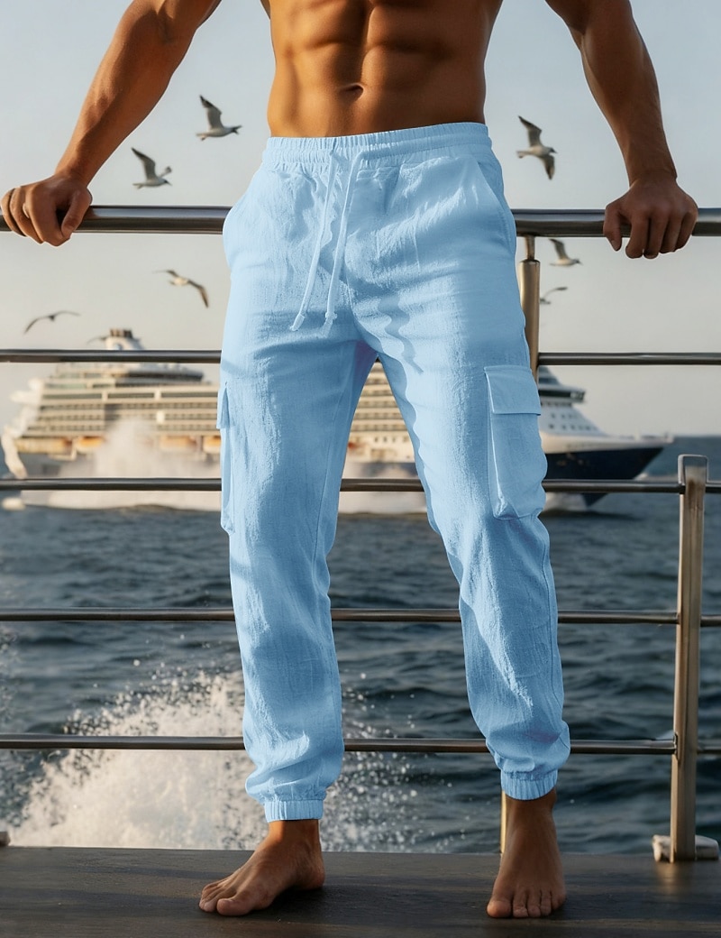Men's Cargo Pants Linen Pants Trousers Summer Pants Beach Pants Drawstring Elastic Waist Multi Pocket Plain Comfort Breathable Daily Outdoor Beach Vacation Fashion Black White Inelastic