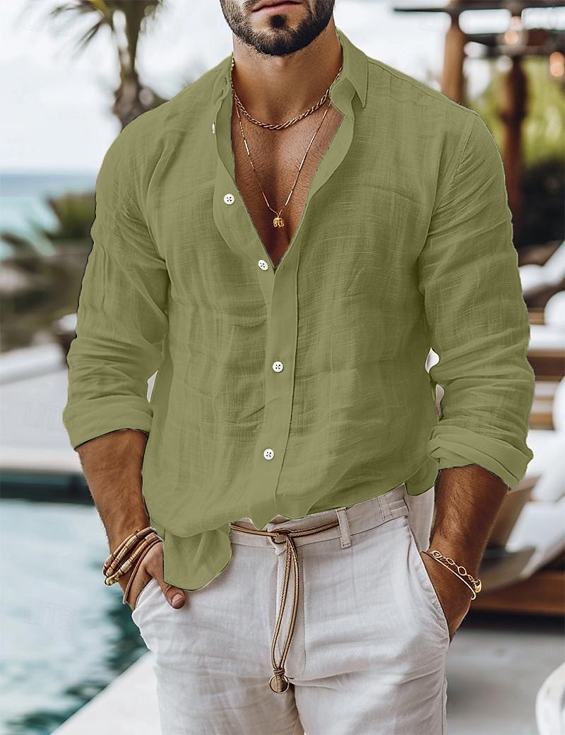 Men's Shirt Linen Shirt Summer Shirt Beach Wear Button Up Shirt Plain Casual Daily Black White Pink Blue Long Sleeve Collar Spring & Summer Clothing Apparel