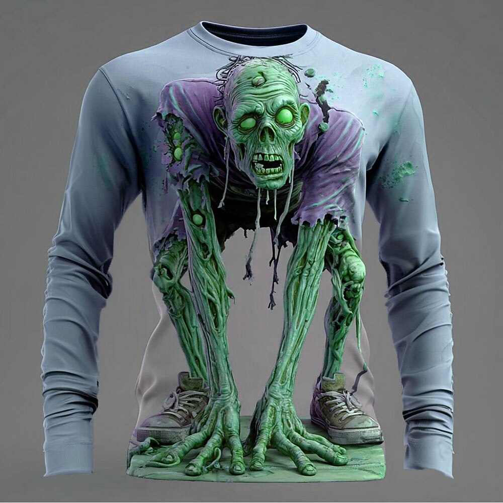 Halloween Men's Zombies 3D T Shirt Long Sleeve T shirt 3D Print Crew Neck Shirt Fashion Exaggerated Street Casual Daily Pink Blue Purple Summer Spring Fall Clothing Apparel S M L XL XXL XXXL 4XL