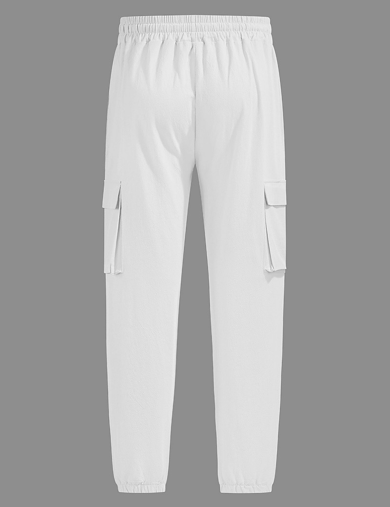 Men's Cargo Pants Linen Pants Trousers Summer Pants Beach Pants Drawstring Elastic Waist Multi Pocket Plain Comfort Breathable Daily Outdoor Beach Vacation Fashion Black White Inelastic