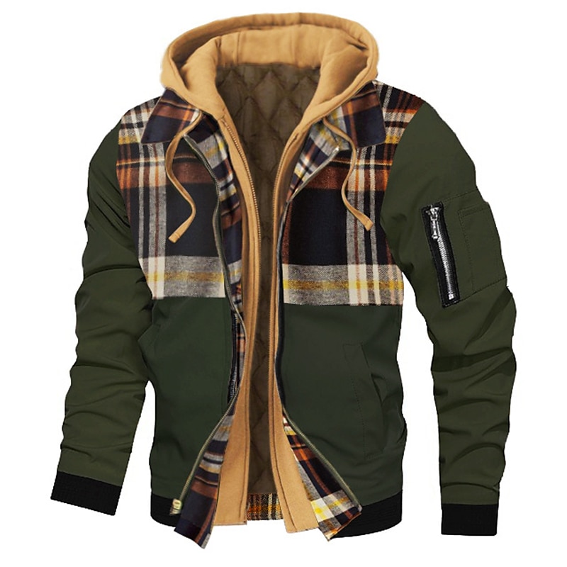 Men's Bomber Jacket Hoodie Jacket Outdoor Daily Wear Warm Fall Winter Plaid Plain Fashion Streetwear Hooded Regular Black Gold Black Wine Dark Red Red Jacket