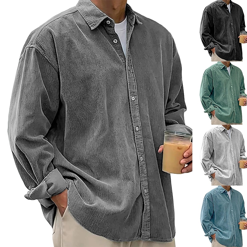 Men's Shirt Casual Shirt Corduroy Shirt Button Up Shirt Black White Navy Blue Blue Purple Long Sleeve Turndown Outdoor Street Clothing Apparel Vintage Casual