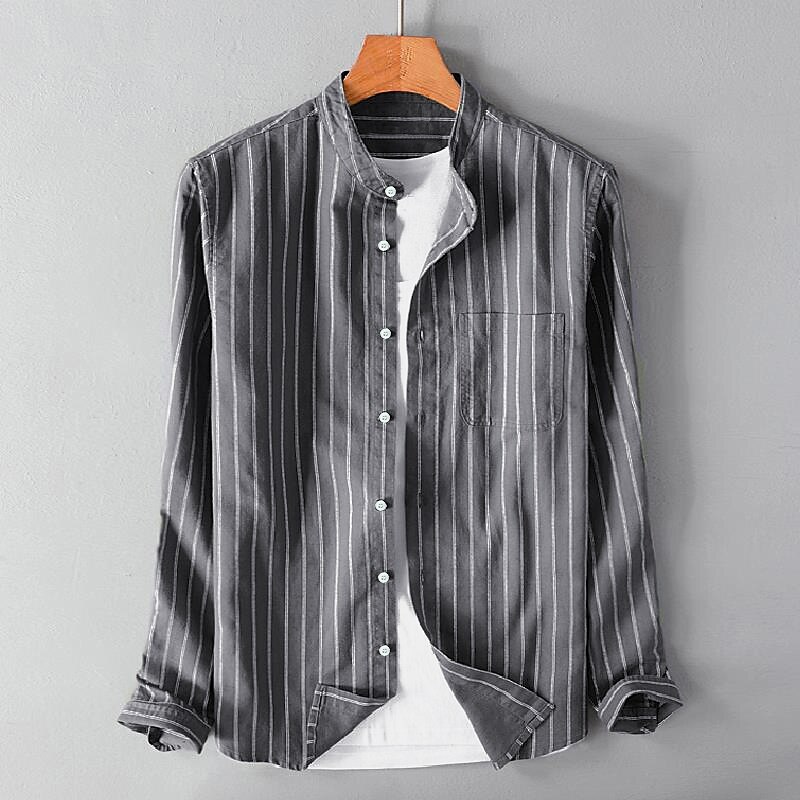 Men's Summer Shirt Beach Shirt Black White Gray Long Sleeve Striped Stand Collar Spring &  Fall Street Daily Clothing Apparel Button-Down