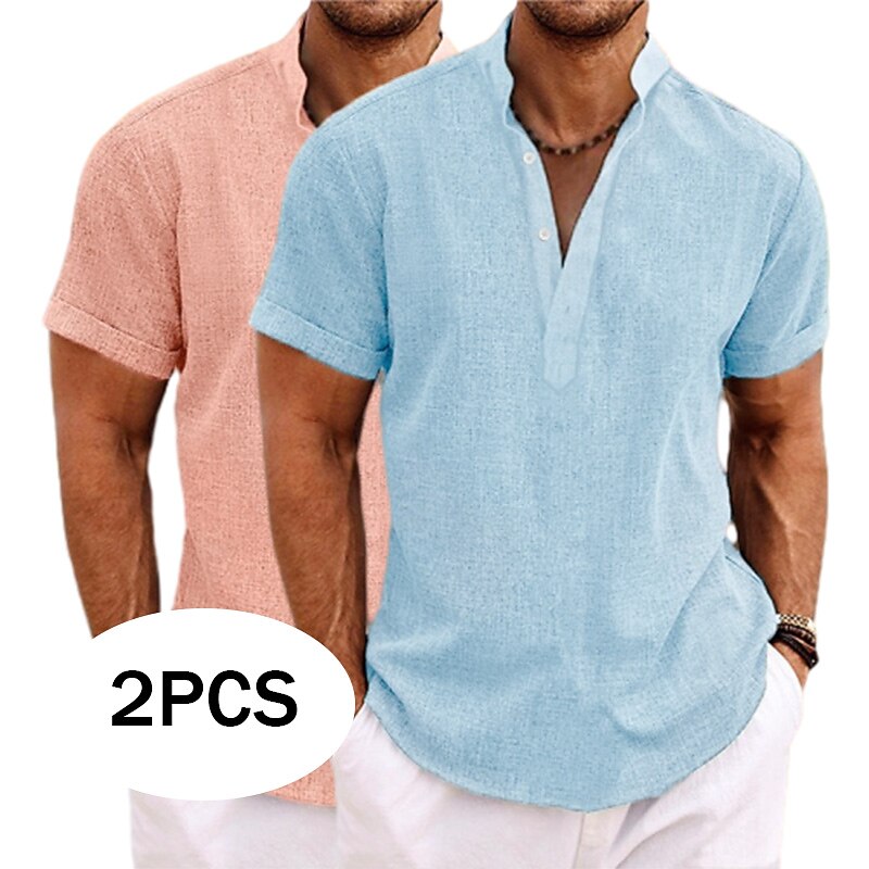 2-Pack Men's Shirt Linen Shirt Popover Shirt Summer Shirt Beach Wear Band Collar Shirt Plain Vacation Casual Green+Gray White+Yellow White+Green White+Navy Blue Short Sleeve Henley Summer Clothing Apparel