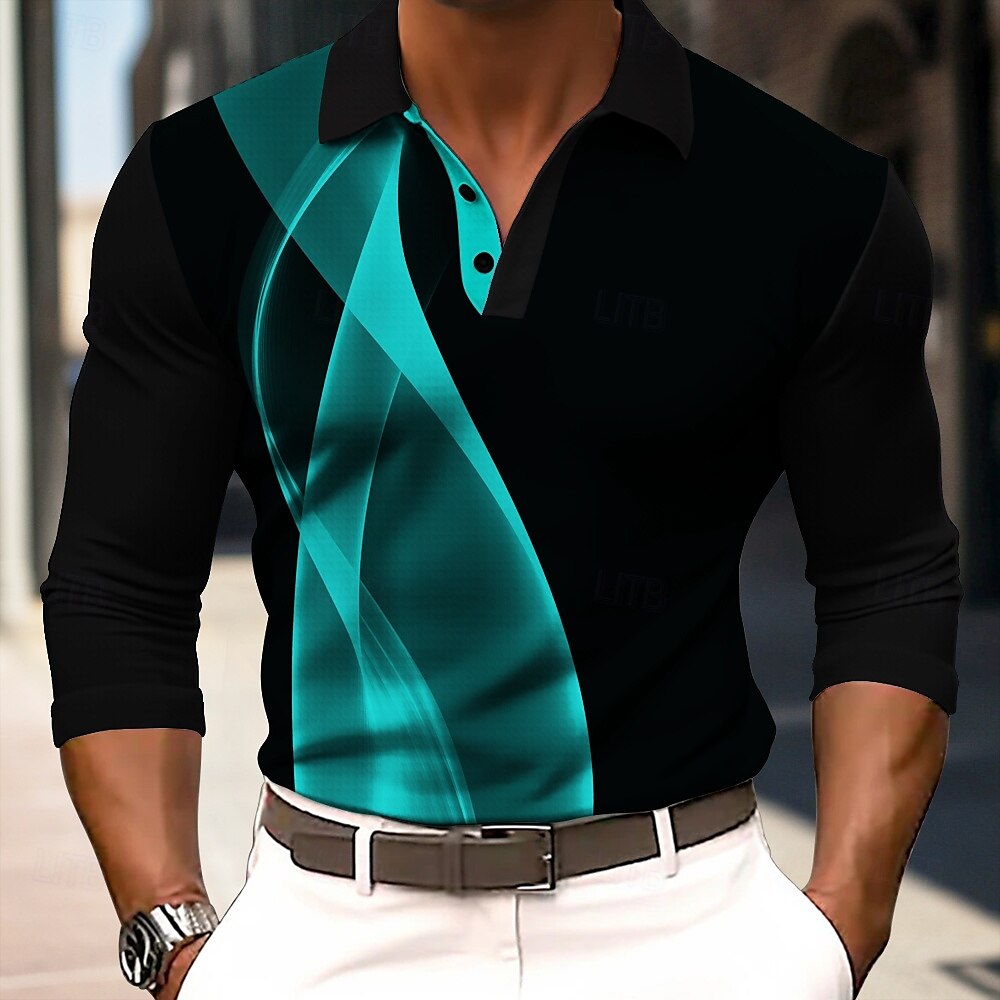 Men's Striped Waffle Polo Shirts Long Sleeve Polo Shirts Collar Business Casual Formal Outdoor Dailywear Vacation Buttons 3D Print Black Yellow Red