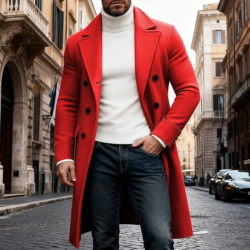 Men's Winter Coat Overcoat Long Trench Coat Trench Coat Outdoor Casual Fall Winter  Thermal Warm Outerwear Clothing Apparel Classic Plain Pocket Notch lapel collar