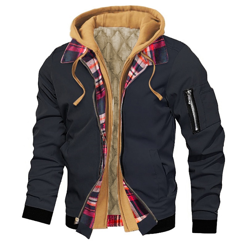 Men's Bomber Jacket Hoodie Jacket Outdoor Daily Wear Warm Fall Winter Plaid Plain Fashion Streetwear Hooded Regular Black Gold Black Wine Dark Red Red Jacket