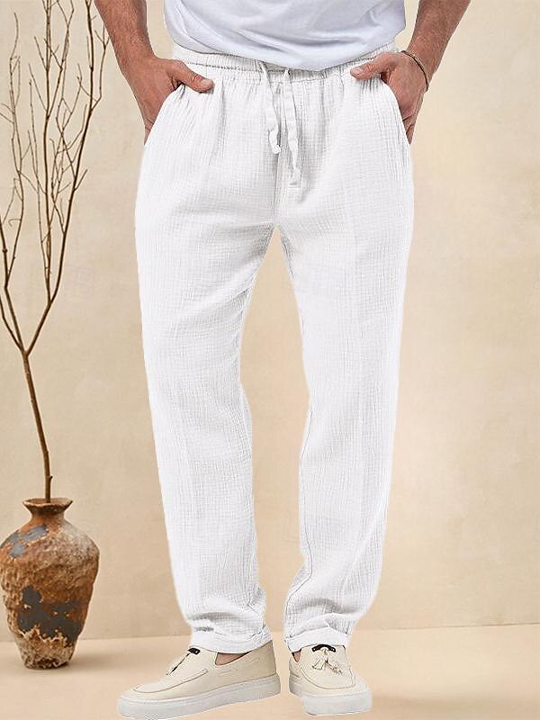 Men's Trousers Beach Shorts Casual Pants Seersucker Pants Drawstring Elastic Waist Straight Leg Plain Comfort Breathable Daily Holiday Vacation Fashion Casual Black White