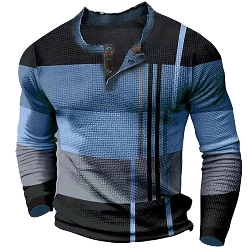 Men'S Waffle Graphic Color Block Clothing Apparel 3D Print Outdoor Long Sleeve Fashion Designer Henley T-Shirt
