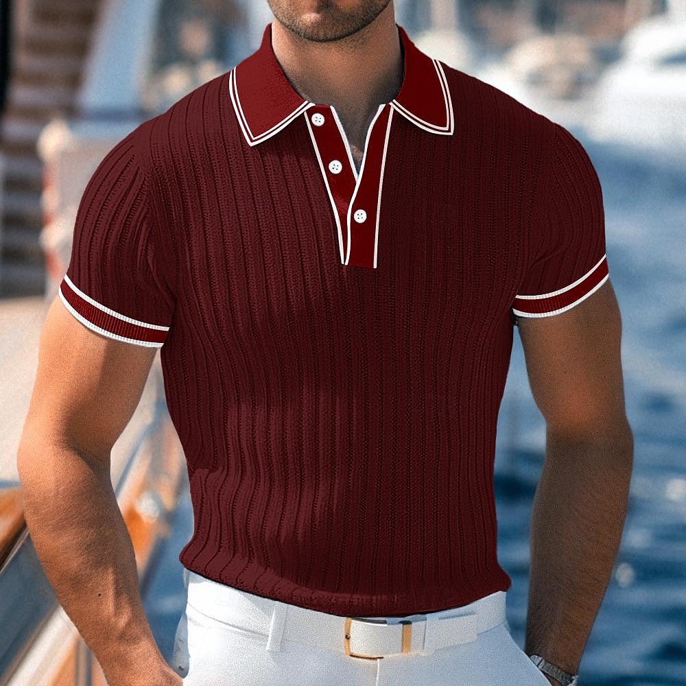 Men's Polo Shirt Golf Shirt Work Casual Lapel Ribbed Polo Collar Short Sleeve Basic Modern Color Block Patchwork Button Spring & Summer Regular Fit Light Blue White Burgundy Navy Blue Gray Polo Shirt