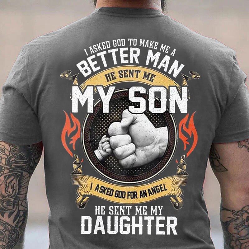 Father's Day papa shirts Mens Graphic Shirt Tee Letter Hand Crew Neck Clothing Apparel 3D Print Outdoor Daily Short Sleeve Fashion Designer Vintage Asked God To Make Better Man Sent My Son Daughter