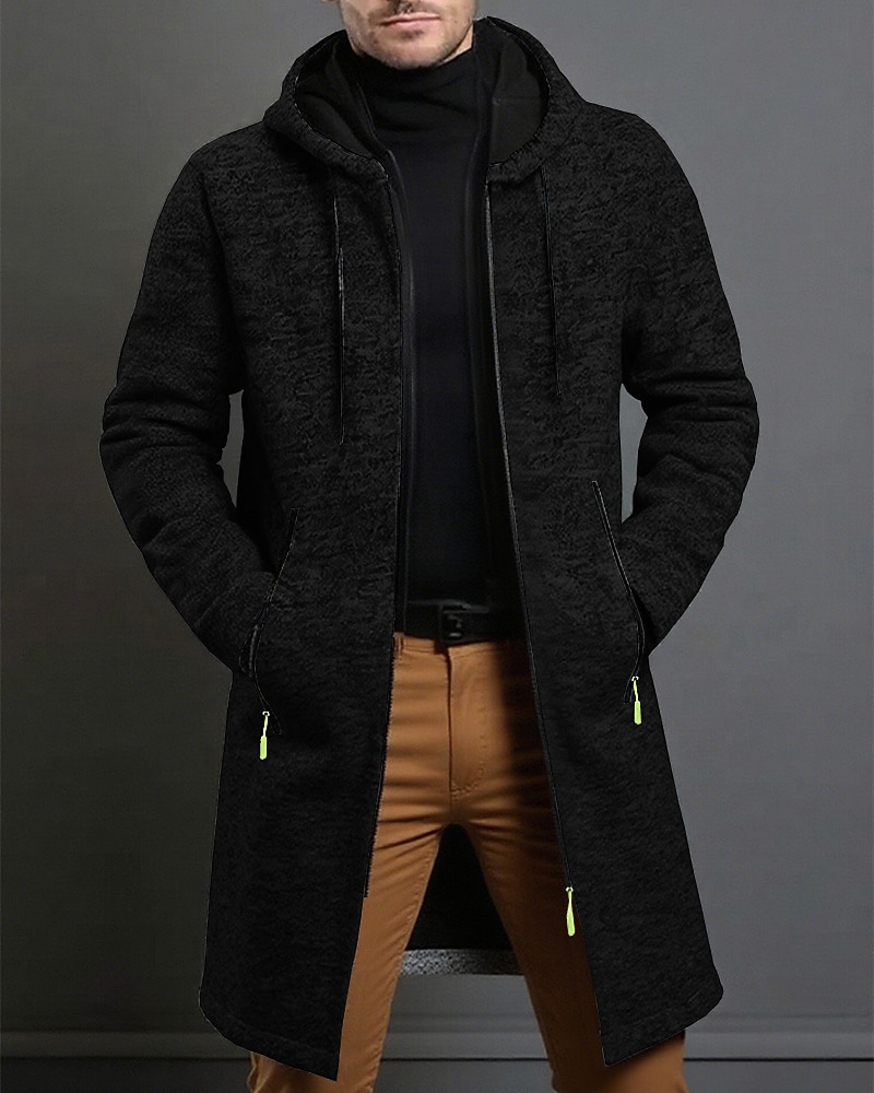 Men's Overcoat Trench Coat Long Trench Coat Vacation Daily Spring Winter Polyester Windproof Warm Outerwear Clothing Apparel Fashion Classic Plain Pocket Hooded Zipper