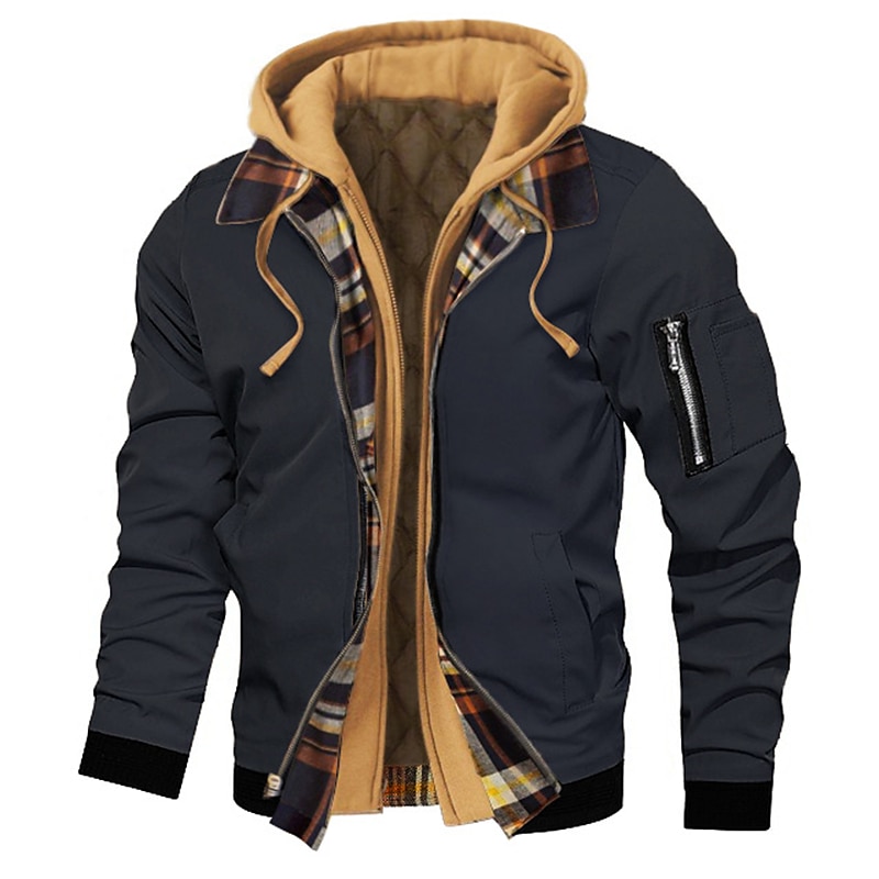 Men's Bomber Jacket Hoodie Jacket Outdoor Daily Wear Warm Fall Winter Plaid Plain Fashion Streetwear Hooded Regular Black Gold Black Wine Dark Red Red Jacket
