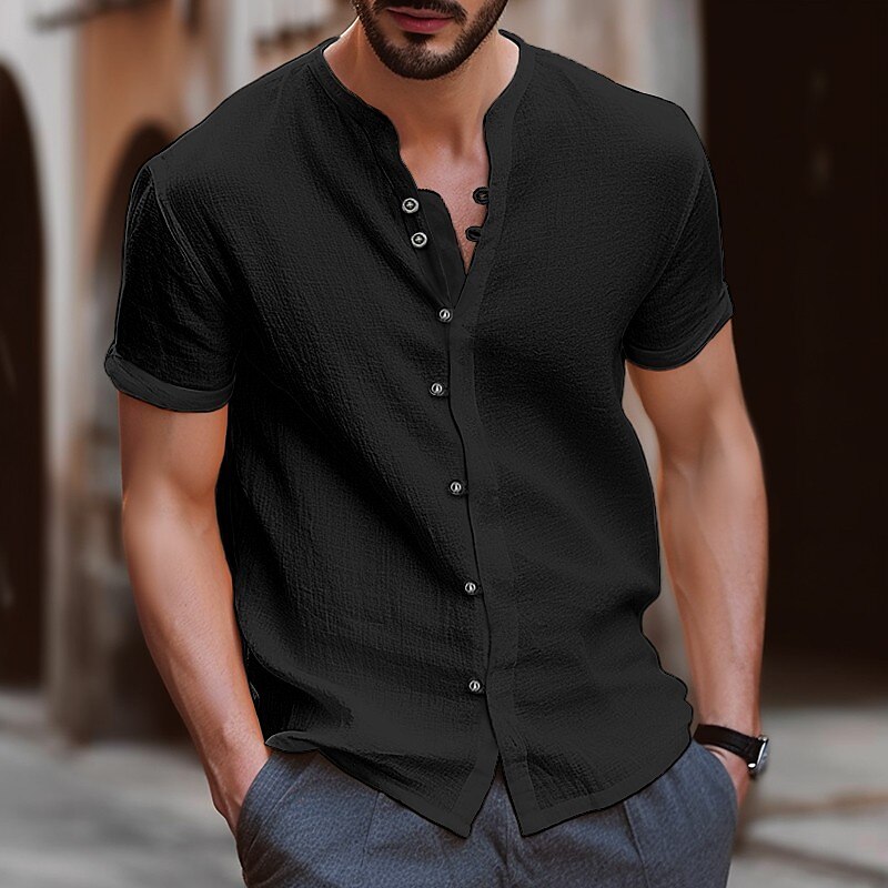 Men's Shirt Linen Shirt Summer Shirt Beach Shirt Black White Blue Short Sleeve Plain Band Collar Summer Casual Daily Clothing Apparel