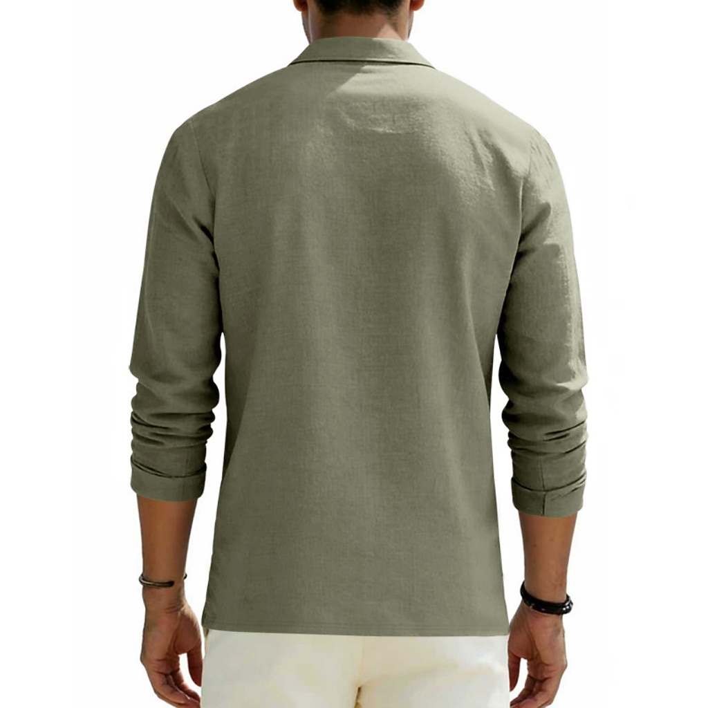 Men's Linen Shirt Polo Shirts Casual Street Lapel Long Sleeve Basic Modern Plain Buttons Spring Fall Regular Fit Black White Navy Blue Khaki Dark Grey Army Green Linen Shirt