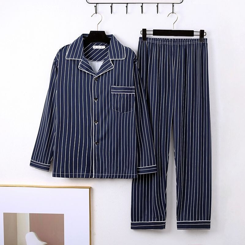 Men's Sleepwear Pajama Set Pajama Top and Pant 1 set Stripe Fashion Stylish Classic Home Daily Bed  Comfort Soft Breathable Lapel Long Sleeve Shirt Pant Elastic Waist Buttons Spring Fall