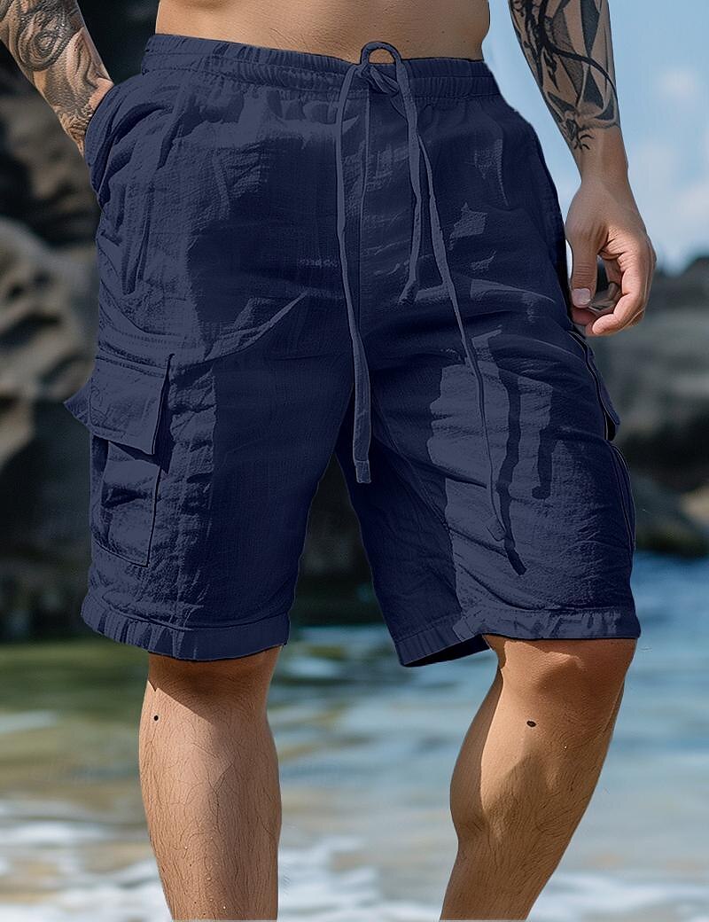 Men's Shorts Linen Shorts Summer Shorts Beach Shorts Drawstring Elastic Waist Multi Pocket Plain Knee Length Outdoor Beach Hawaiian Casual ArmyGreen Black Inelastic