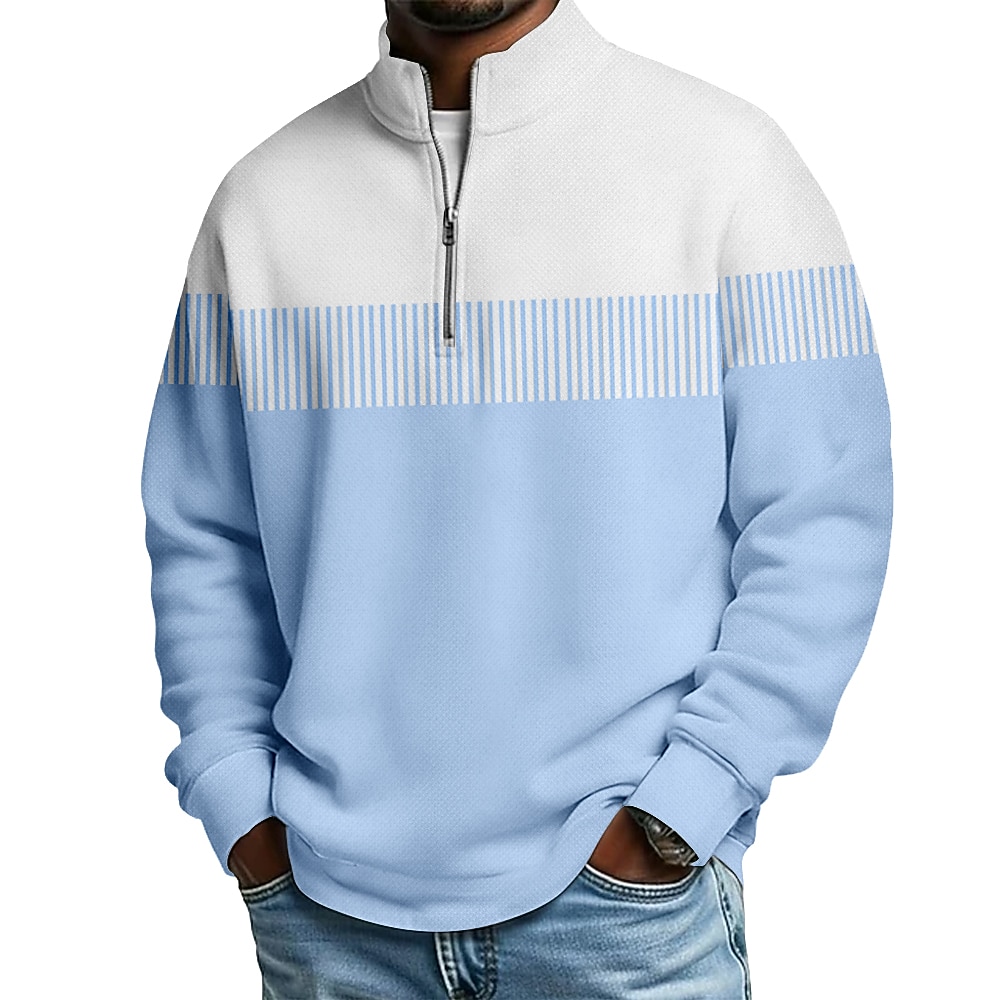 Men's Color Block Stripe Zip Polo Shirts Long Sleeve Polo Shirts Grandad Collar Casual School Athleisure Holiday Daily Wear 3D Print Quarter Zip Polo Spring Fall Blue Purple Green