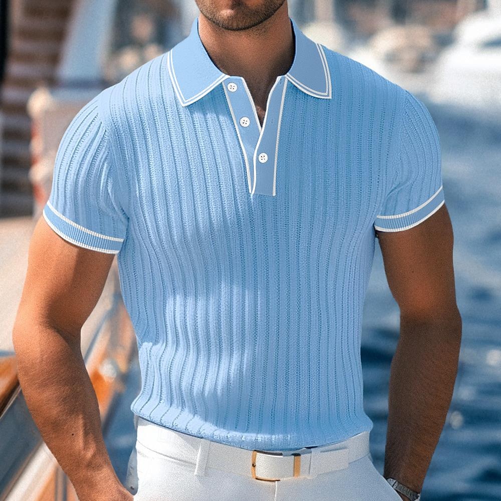 Men's Polo Shirt Golf Shirt Work Casual Lapel Ribbed Polo Collar Short Sleeve Basic Modern Color Block Patchwork Button Spring & Summer Regular Fit Light Blue White Burgundy Navy Blue Gray Polo Shirt