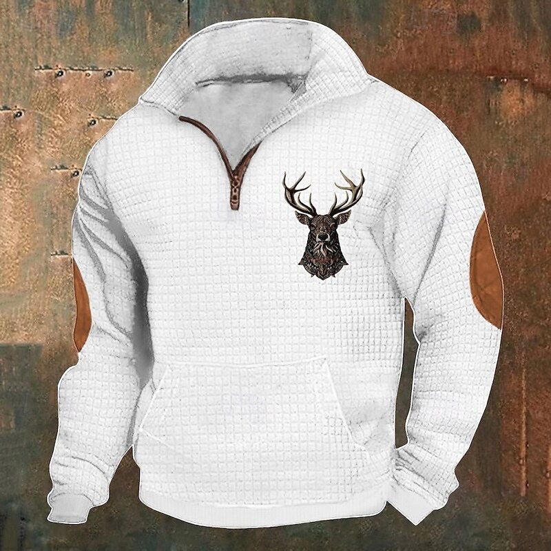 Men's Hunting Deer Waffle Sweatshirt Quarter Zip Long Sleeve Pullover Black White Stand Collar Reindeer Print Winter Jumper Daily Holiday Polyester Streetwear Casual Spring &  Fall Clothing