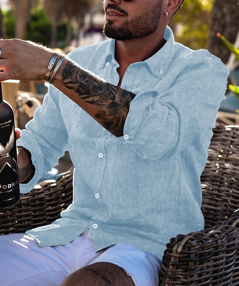 Men's Shirt Linen Shirt Summer Shirt Beach Wear Button Up Shirt Plain Vacation Casual Black White Blue Brown Long Sleeve Button Down Collar Spring & Summer Clothing Apparel