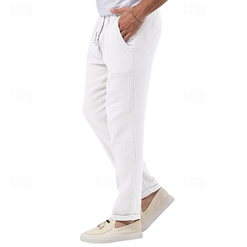 Men's Trousers Beach Shorts Casual Pants Seersucker Pants Drawstring Elastic Waist Straight Leg Plain Comfort Breathable Daily Holiday Vacation Fashion Casual Black White