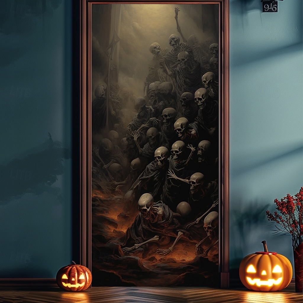 Halloween Window Cover Decorations, Fabric Skull Out of Fire Halloween Curtain Poster Window Door Covering Decor for Haunted House, Scary Halloween Window Clings Decals Indoor Outdoor