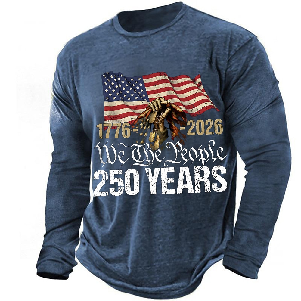 America's 250th Anniversary Men's American US Flag T Shirt Long Sleeve T shirt 3D Print Crew Neck Shirt Daily Designer Simple Casual Daily Street Blue Black Red Summer Spring Fall Clothing Apparel S