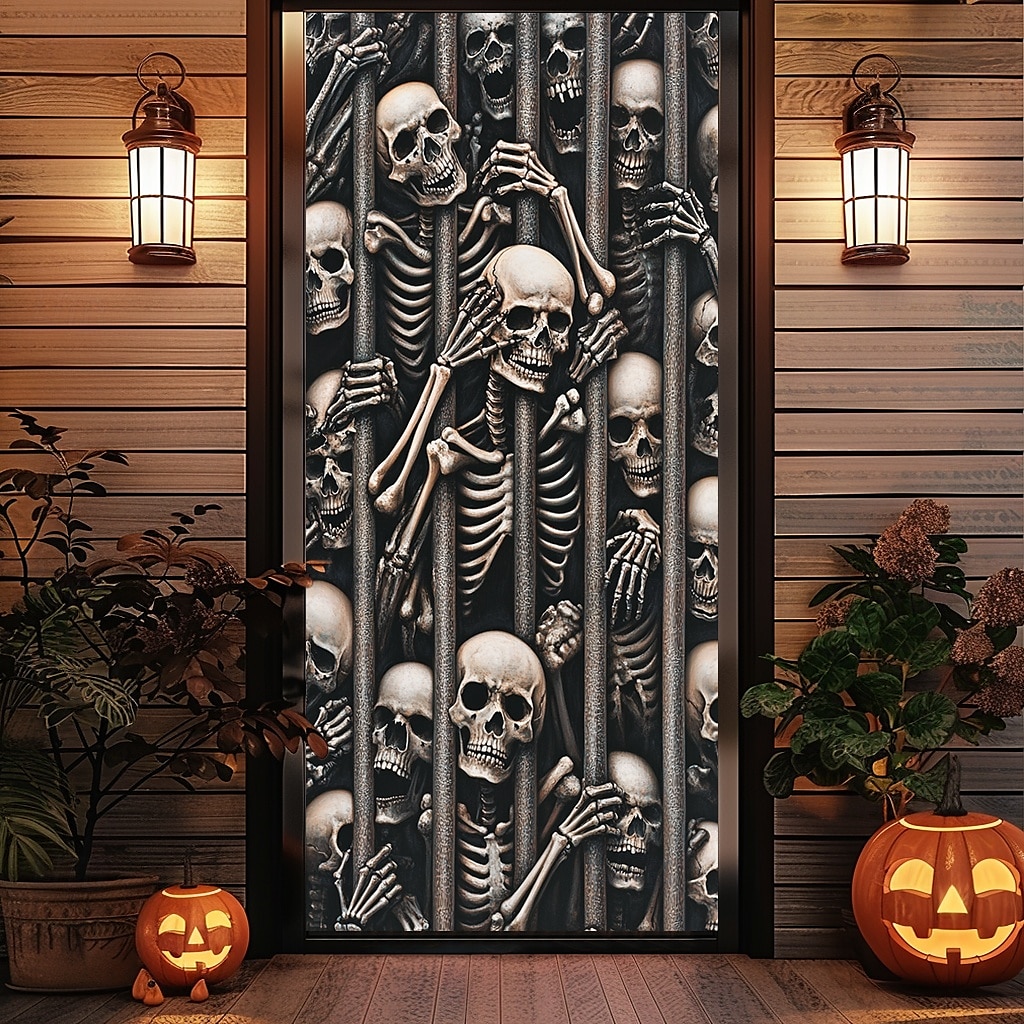 Halloween Window Cover Decorations, Fabric Skull Out of Fire Halloween Curtain Poster Window Door Covering Decor for Haunted House, Scary Halloween Window Clings Decals Indoor Outdoor