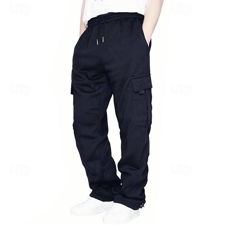 Men's Fleece Pants Sweatpants Joggers Trousers Cargo Sweatpants Drawstring Elastic Waist Multi Pocket Solid Color Windproof Outdoor Full Length Casual Daily Fashion Streetwear Loose Fit Black White