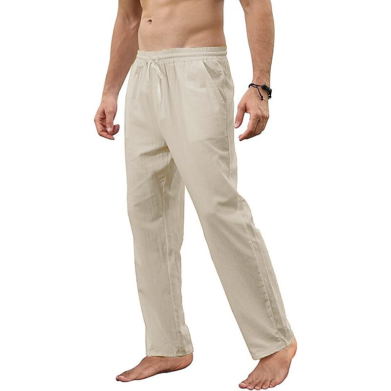 Men's Trousers Summer Pants Beach Pants Pocket Drawstring Straight Leg Plain Breathable Soft Full Length Home Casual Cotton Fashion Classic Loose Fit Black White Micro-elastic